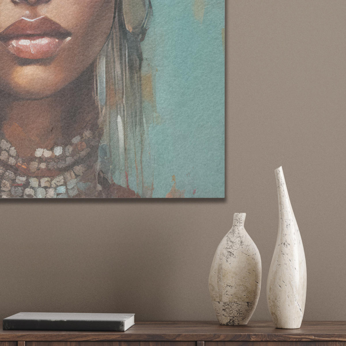 AKUSTIKBILD Frau - Kunst - Schmuck - Porträt Kunstdruck Schlafzimmer 50x70 cm - Blaugrau, Kunststoff (50/70/0.9cm) - MuchoWow