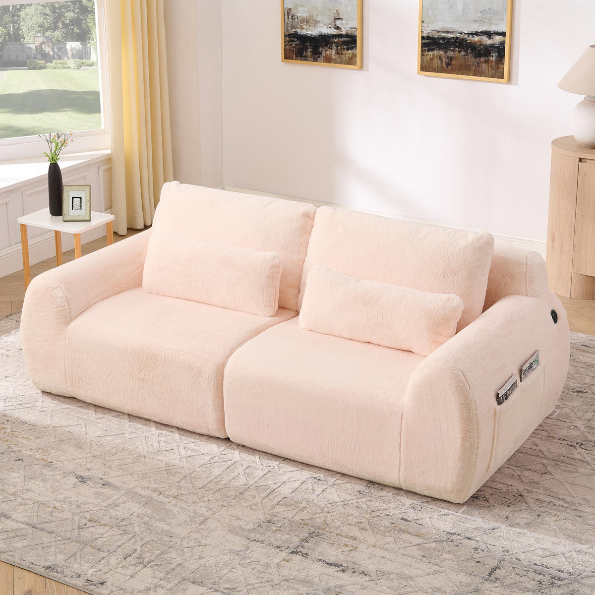 2-SITZER SOFA Kaninchenstil-Kunstfell Pink mit USB und Magazintasche - Rosa, Textil (208/81/101cm) - WISHDOR
