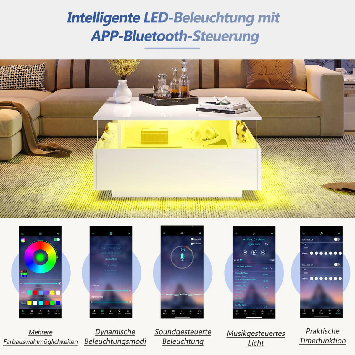 COUCHTISCH LED Hochglanz 70/70/41 cm 2 Schubladen Weiß - Weiß, Holz (70/70/41cm) - Kaket