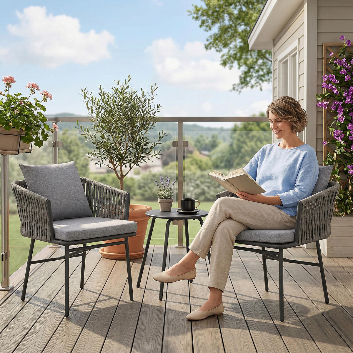 BISTRO-SET DE-06735 3-teilig, 2 Stühle & Tisch, mit 4 Kissen Grau - Grau, Kunststoff/Metall - ComfortXL