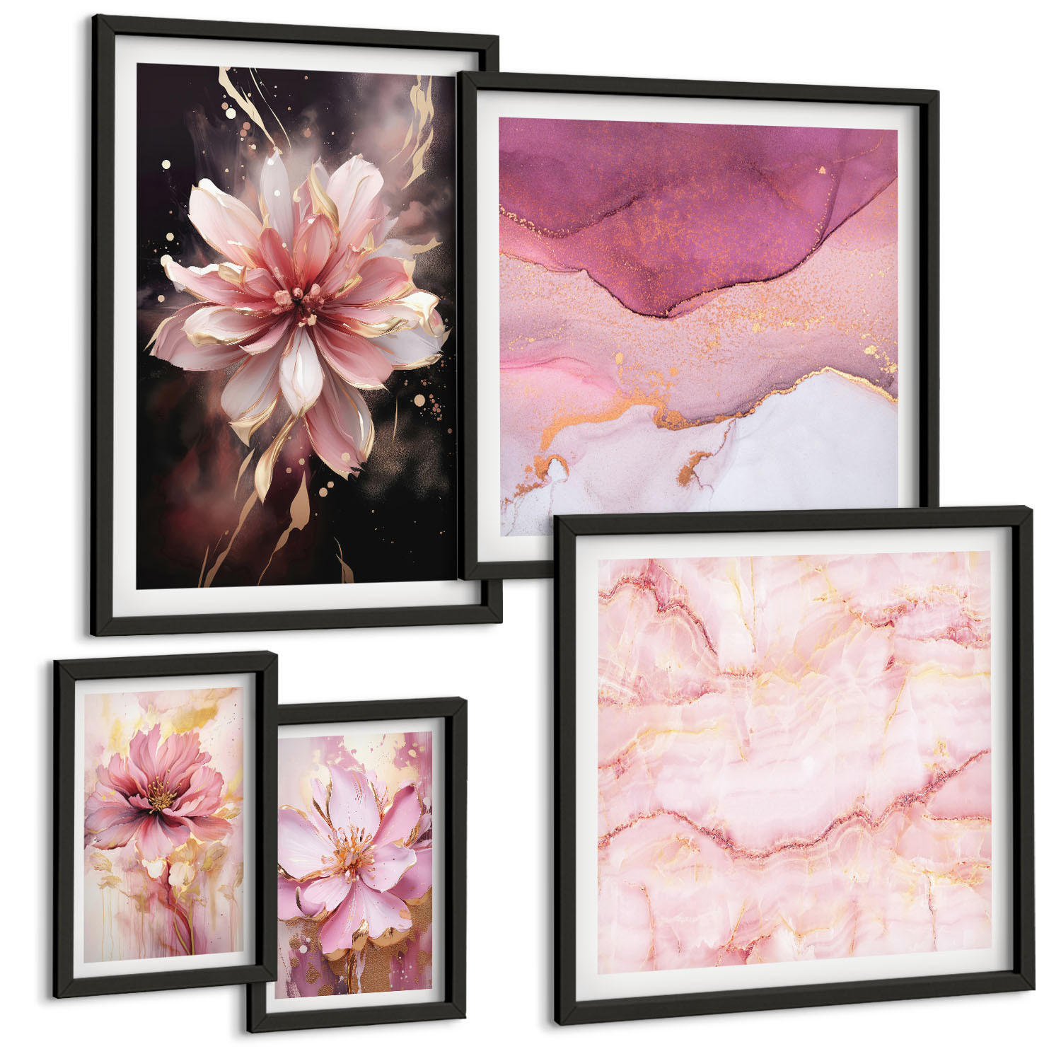 BILDER SET 5er Set - 50x50 cm & 20x30 cm & 40x60 cm Schwarzer Rahmen - Waldlandschaften der Wildnis - Schwarz, Kunststoff (40/60cm) - TULUP