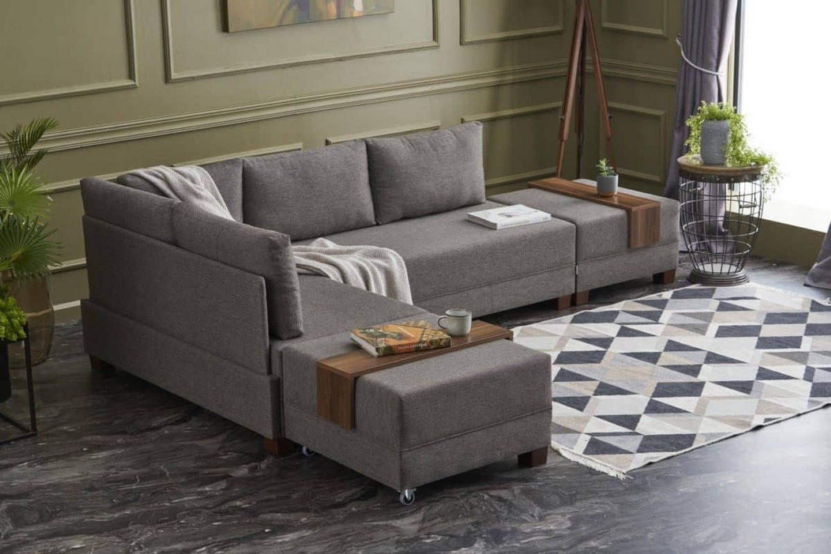 ECKSOFA mit rollbarer Schlaffunktion - Taupe/Walnussfarben, Holz/Textil (280/210cm) - myHomelando
