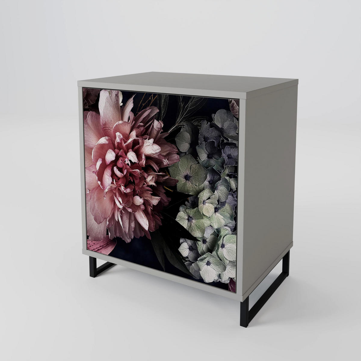 SIDEBOARD PURE BLOSSOM, Grau, 57,5x42x70,5 cm, Schwarze Metall-Sternfüße - Multicolor/Schwarz, Holzwerkstoff/Metall (57.5/70.5/42cm) - SpaceRebels