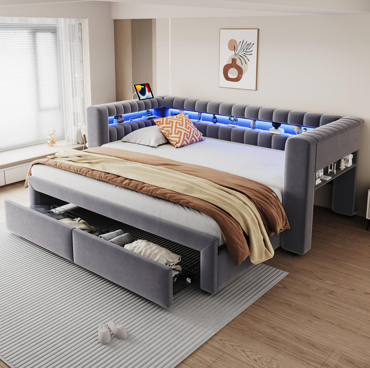 ROZKLÁDACÍ postel 90/190 cm sametová s LED osvětlením, USB-C a úložnými prostory, Šedá - šedá, textil (90/190cm) - Redom