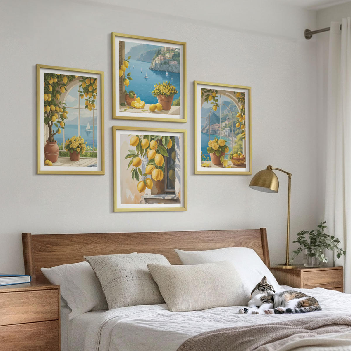 BILDER SET 4er Set - 50x50 cm & 40x60 cm Goldrahmen - Meereslandschaften, Zitronen, Fenster - Goldfarben, Kunststoff (50/50cm) - TULUP