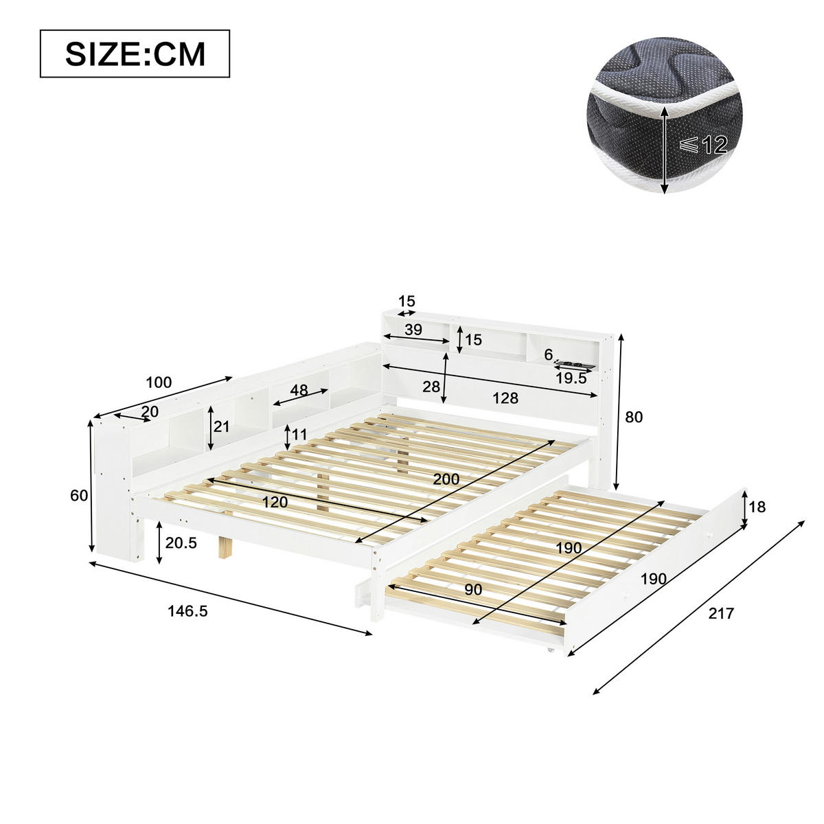 BETT 120/200 cm in Weiß mit Ausziehbett, Stauraumregal, Kopfteilablage und Ladestation - Weiß, Holzwerkstoff (120/200cm) - STILVORA