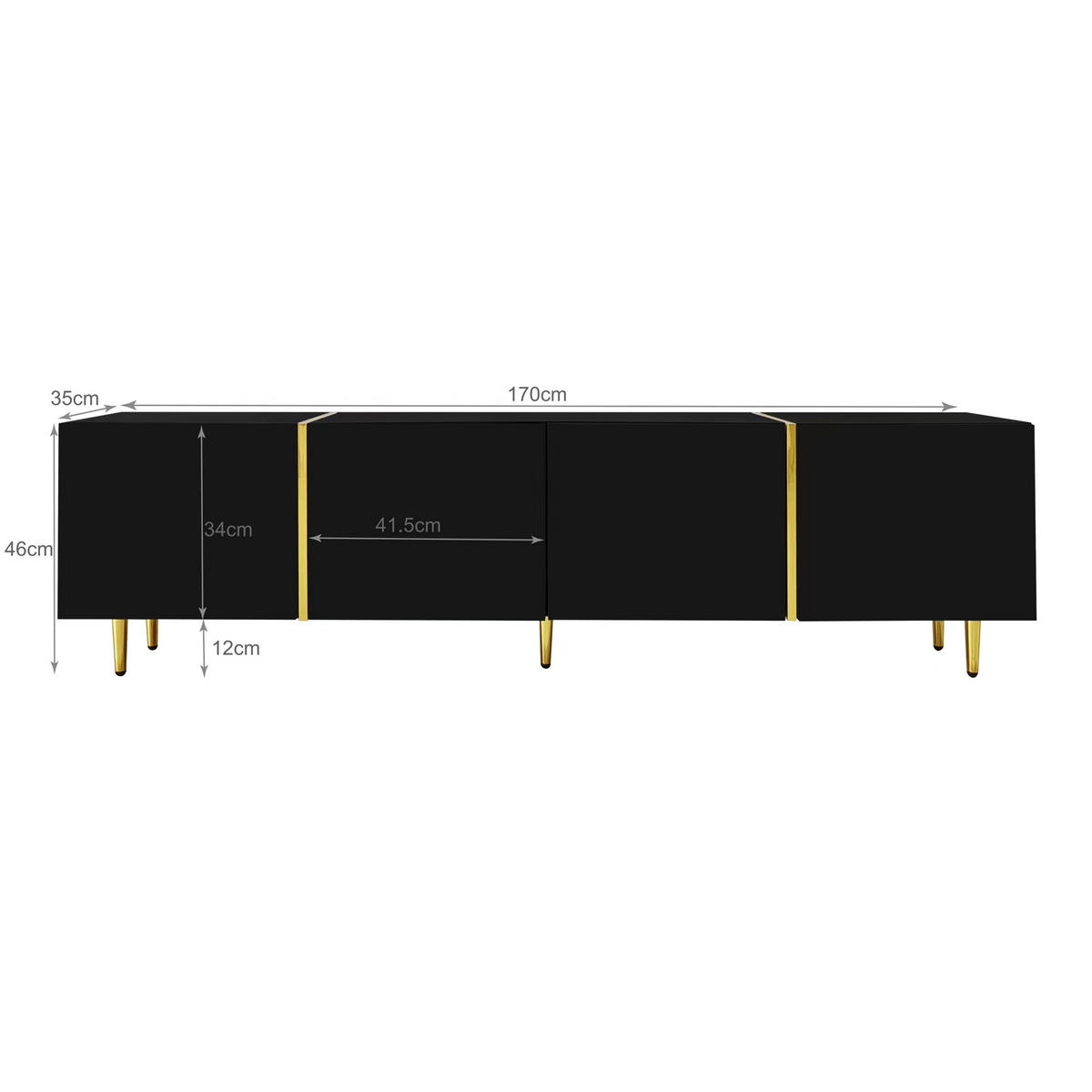 LOWBOARD in Schwarz und Gold Hochglanz-TV-Schrank mit 4 Türen für Wohnzimmer, B170/T35/H46 cm - Goldfarben/Schwarz, Holzwerkstoff/Metall (170/46/35cm) - STILVORA