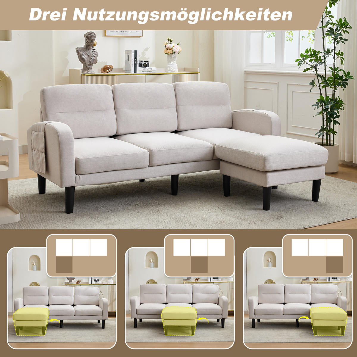 ECKSOFA L Form 3-Sitzer Chaiselongue Stauraum Tasche Beige 204cm - Beige, Textil (204/136cm) - FLIEKS