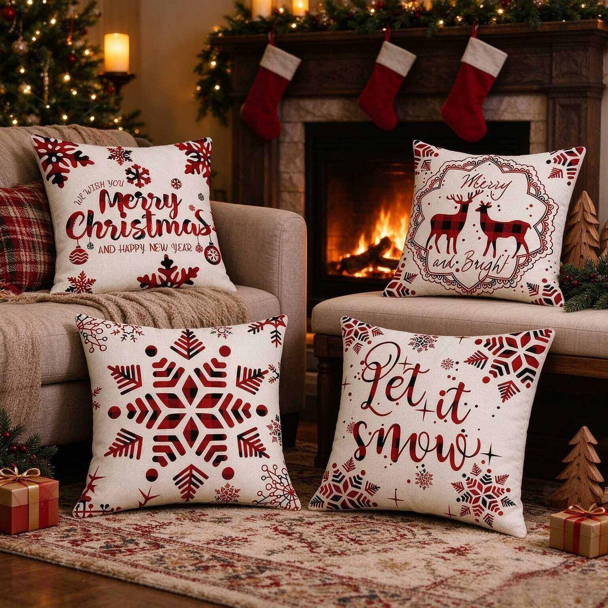 KISSENBEZUG – Weihnachtskissenbezug (Kissenfüllung nicht enthalten) – 45 x 45 cm – Multicolor(vier Stück) - Multicolor, Textil (45/45cm)