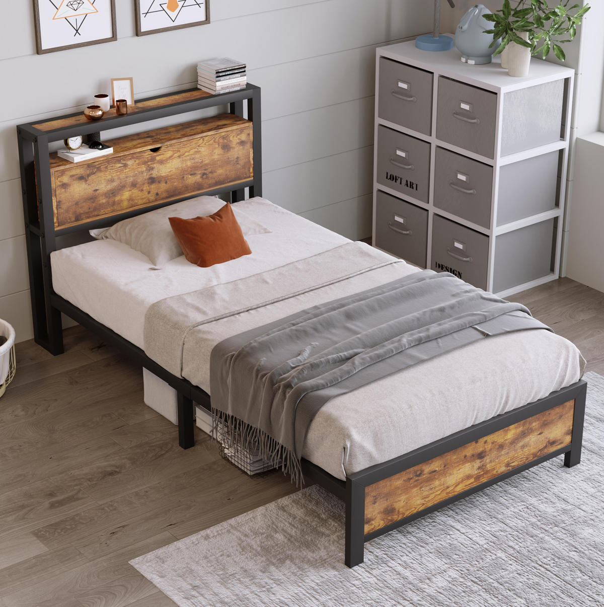 METALLBETT 90/200 cm mit Stauraum-Kopfteil in Natur/Schwarz im Industrial-Stil - Naturfarben, Metall (90/200cm) - Flora Grace