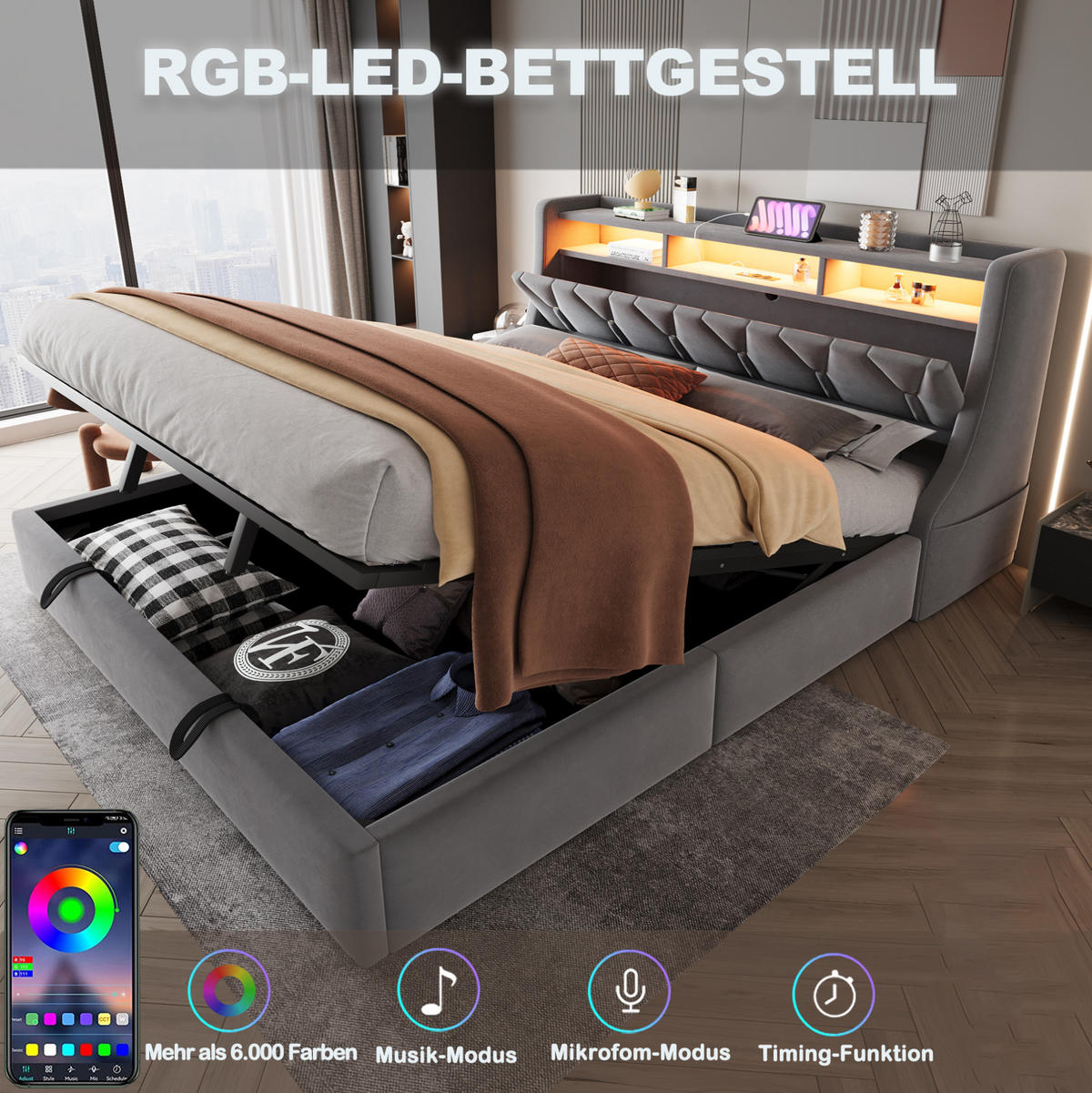 POLSTERBETT 180/200 cm mit LED-Beleuchtung, USB-, Typ-C-Anschluss und hydraulischem Stauraum, Grau - Grau, Textil (180/200cm) - Redom