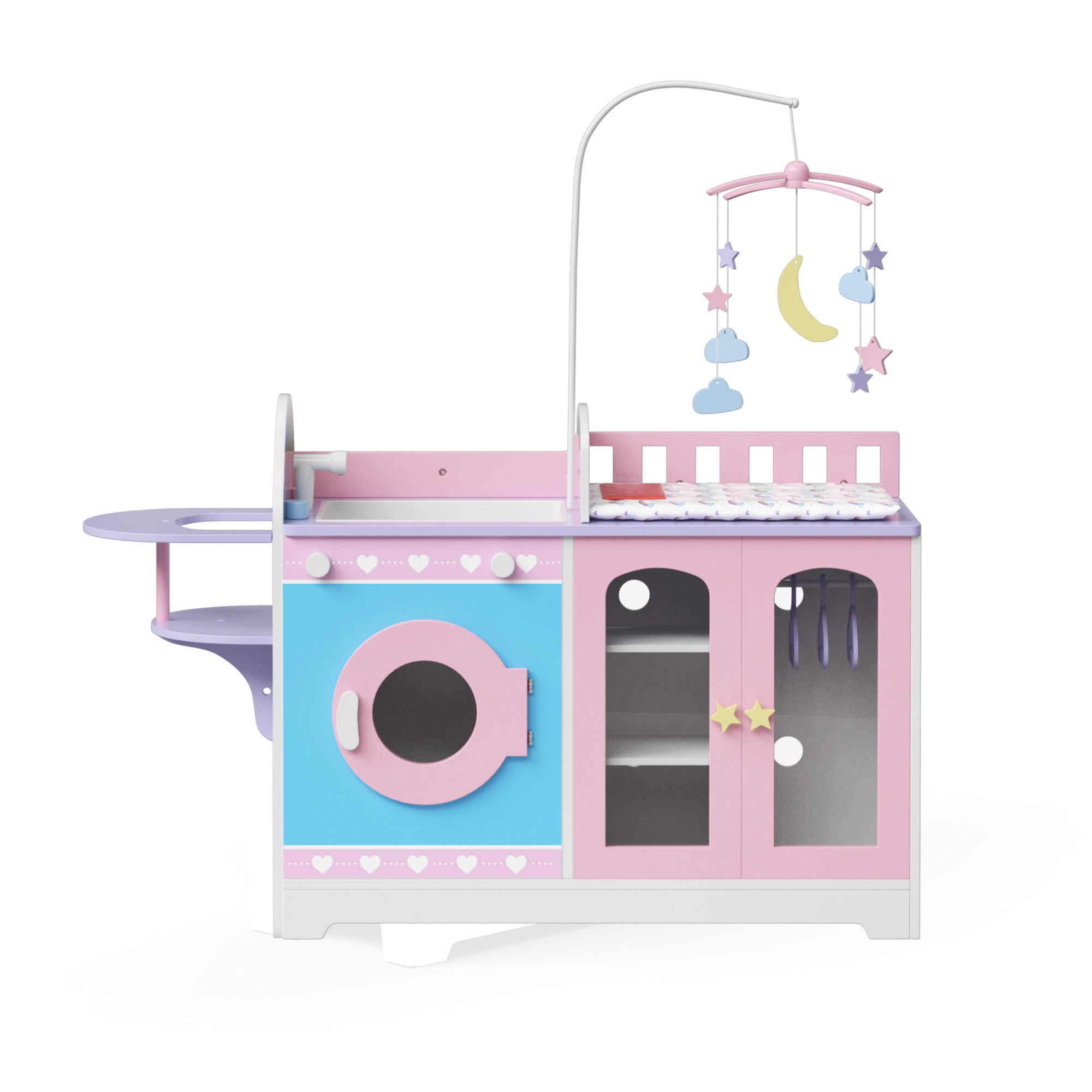 PUPPEN NURSERY 6 in 1 Holz Set mit Bett Mobile Spuele Hochstuhl, Rosa, 63cm - Pink, Holzwerkstoff (28/63/100cm) - Teamson Kids