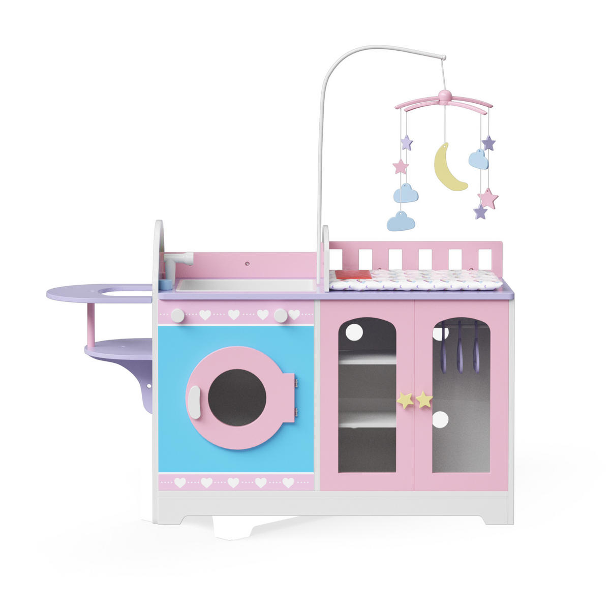 PUPPEN NURSERY 6 in 1 Holz Set mit Bett Mobile Spuele Hochstuhl, Rosa, 63cm - Pink, Holzwerkstoff (28/63/100cm) - Teamson Kids