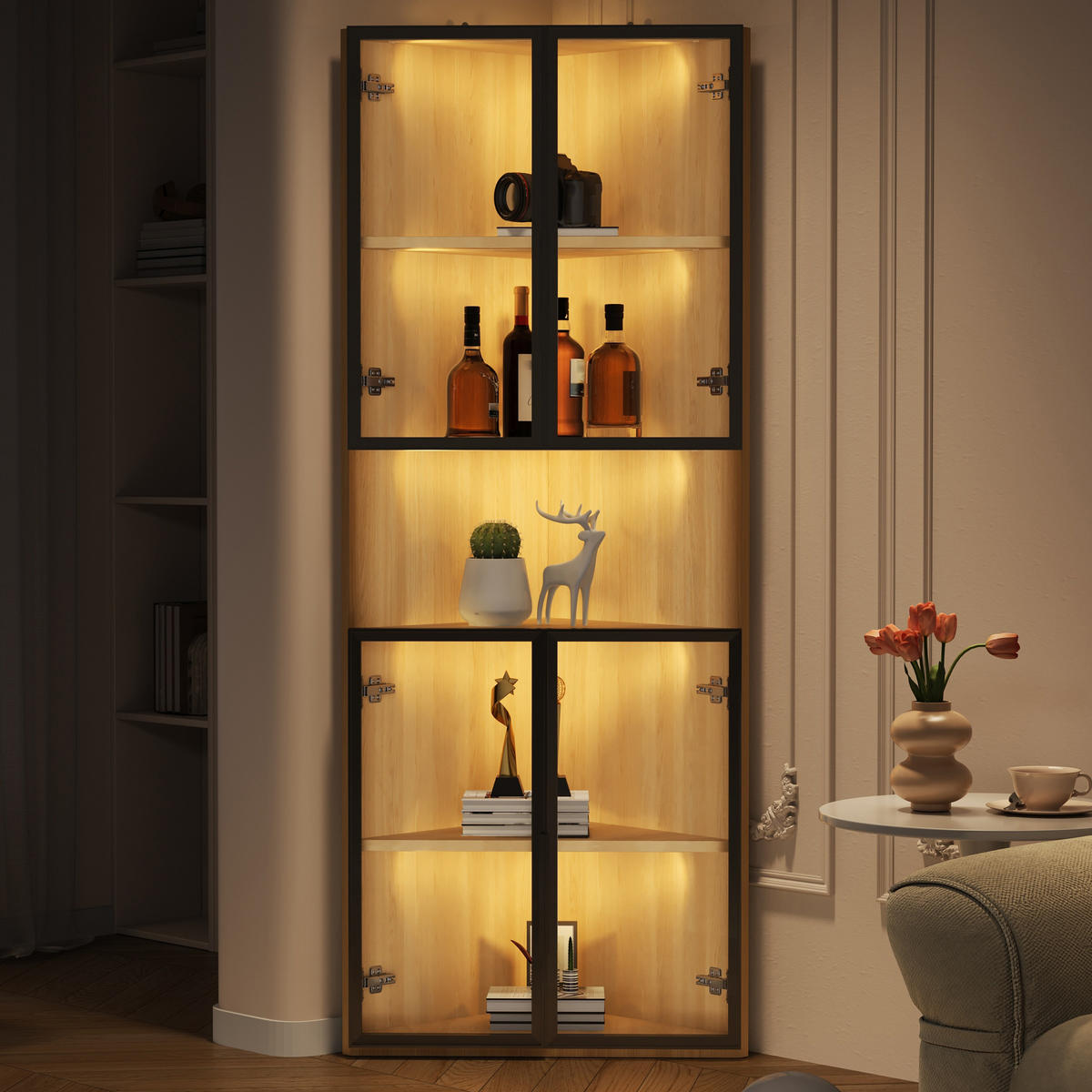 VITRINE 62cm Eiche Glas LED Eckvitrine modern - Eichefarben, Holzwerkstoff (62/160/32cm) - FLIEKS