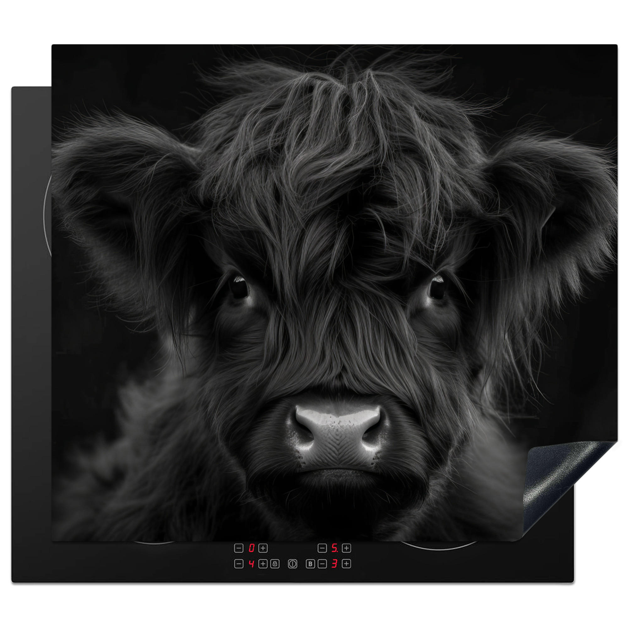 HERDABDECKPLATTE Scottish Highlander - Schwarz - Kalb - Kuh Herdabdeckung Induktionsfeld 60x52 cm - Schwarz, Kunststoff (60/52/0.2cm) - MuchoWow