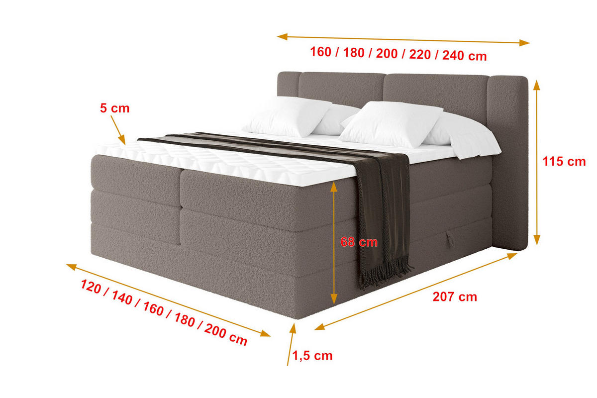 BOXSPRINGBETT mit Matratze H3/H4 - EVON KING - 140x200 cm Braun - Braun, Holzwerkstoff (140/200cm) - ALTDECOR