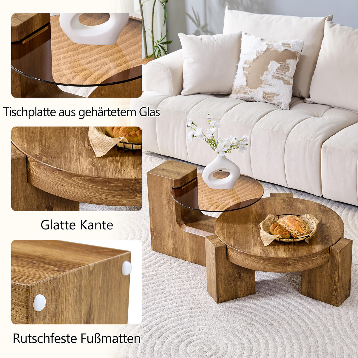 COUCHTISCH in Naturfarbe 2er-Set Couchtisch-Kombination mit Glasplatte für Wohnzimmer, B44/T62/H44 cm, Ø61/H30 cm - Naturfarben, Glas/Holzwerkstoff (61/61/30cm) - STILVORA