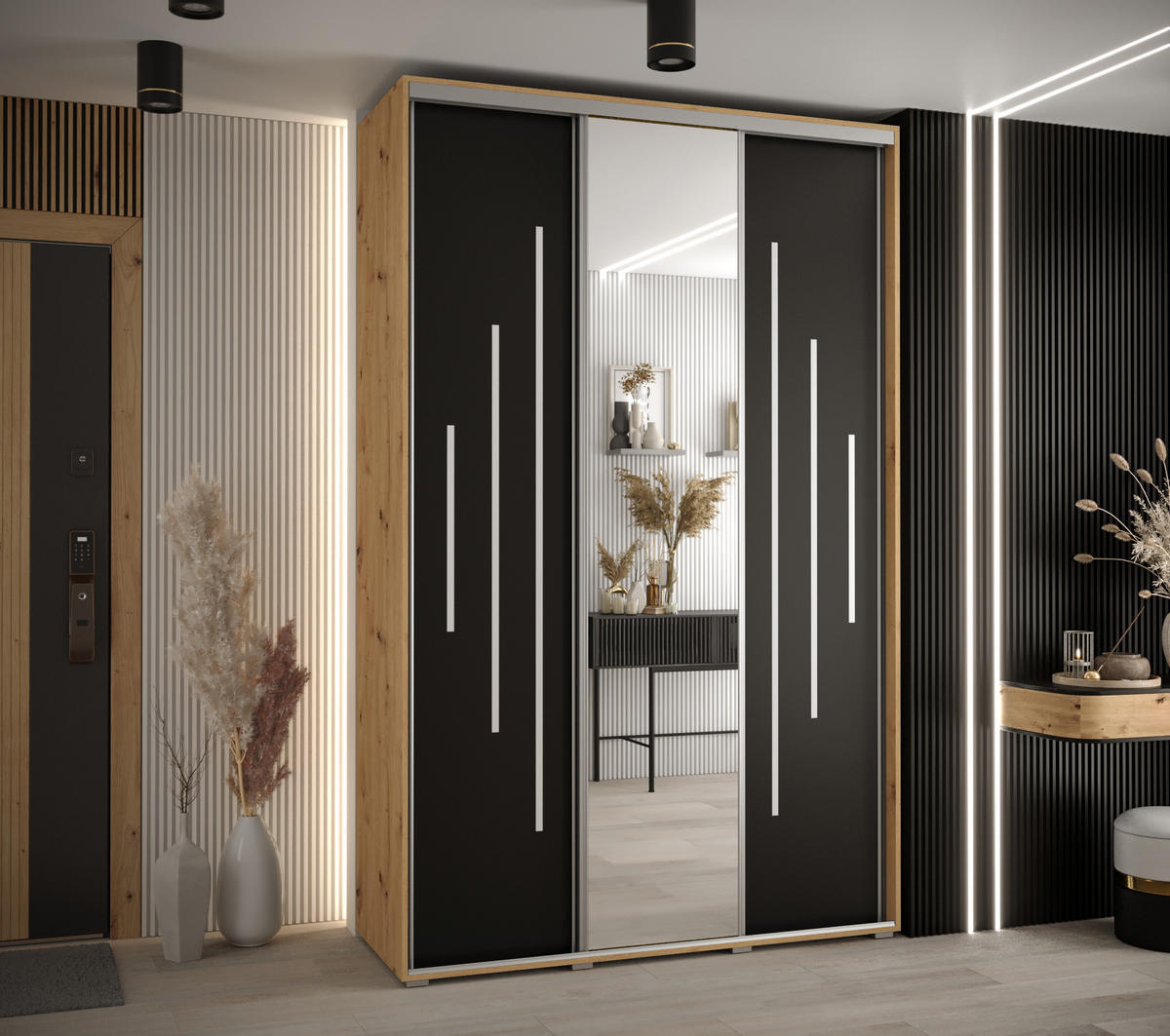 SCHWEBETÜRENSCHRANK 235,2/160/60 3-türig - Silberfarben/Schwarz, Holz/Metall (160/235/60cm) - Abiks Möbel