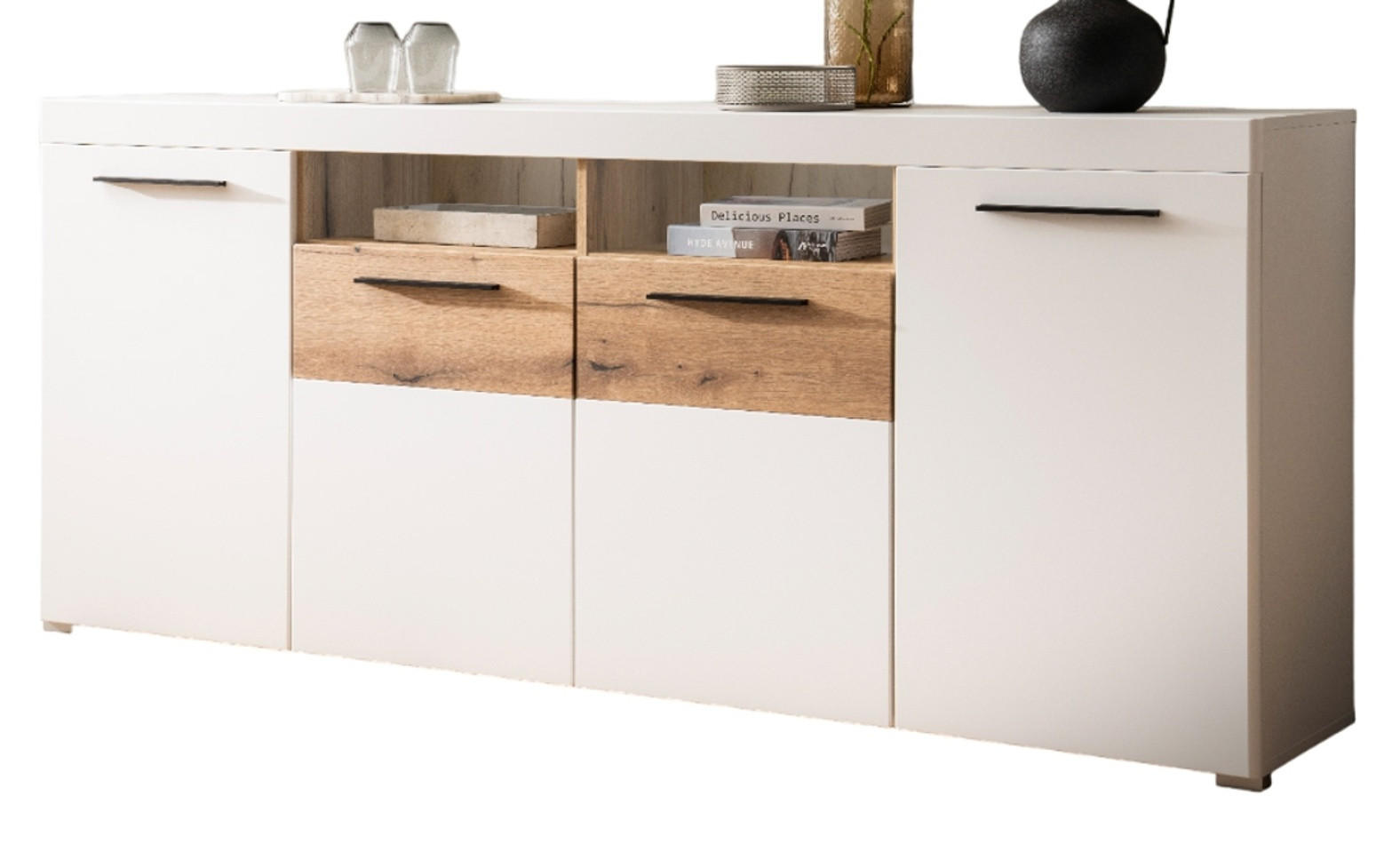 SIDEBOARD weiß matt, Evoke Eiche, Kommode 205 cm, Soft-Close-Funktion - Eichefarben/Silberfarben, Holzwerkstoff/Kunststoff (205/87/40cm)