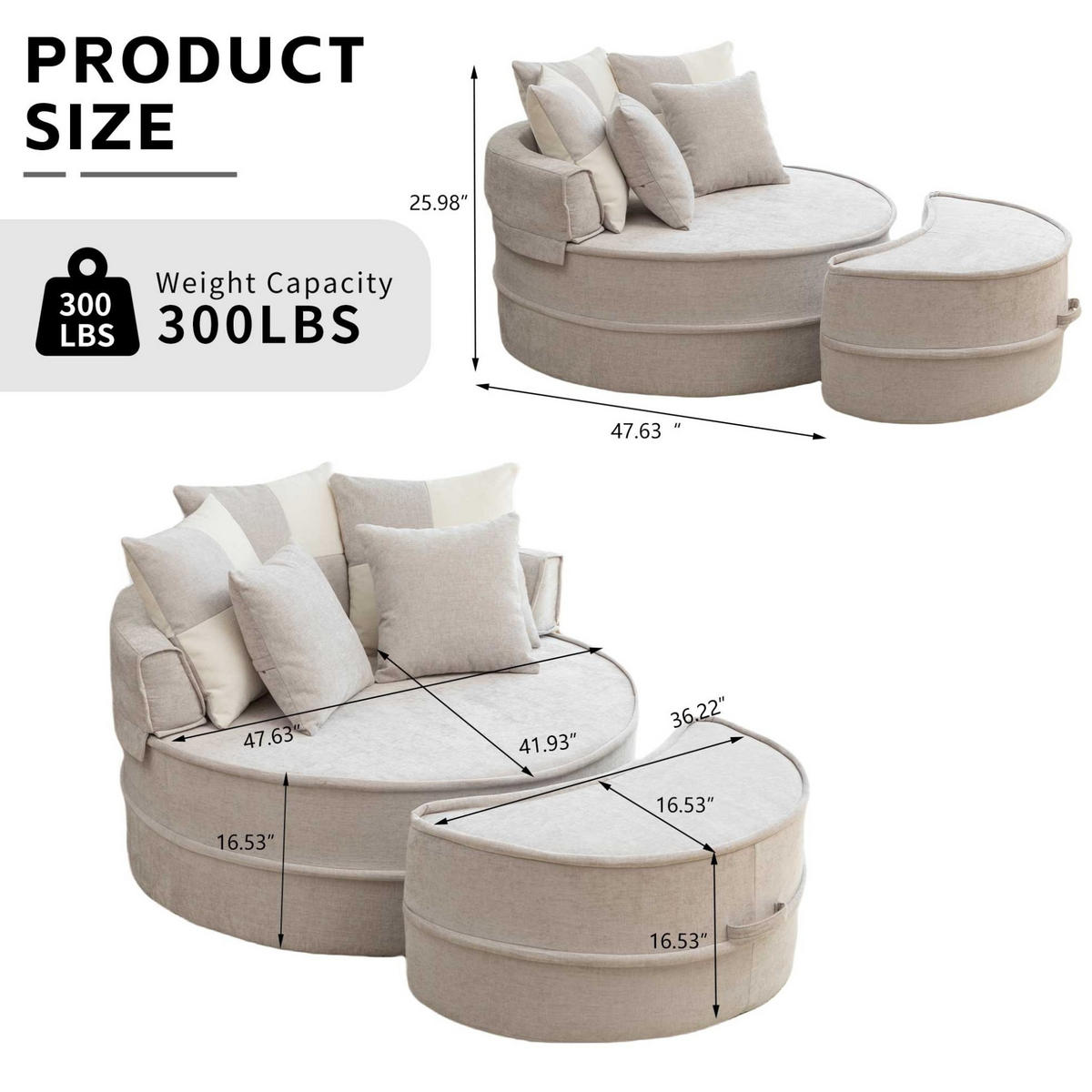 LOUNGESESSEL 121/107 cm mit Ottomane und 5 Kissen, aus Chenille und Schaumstoff, Grau - Grau, Kunststoff (121/66/163cm) - Redom