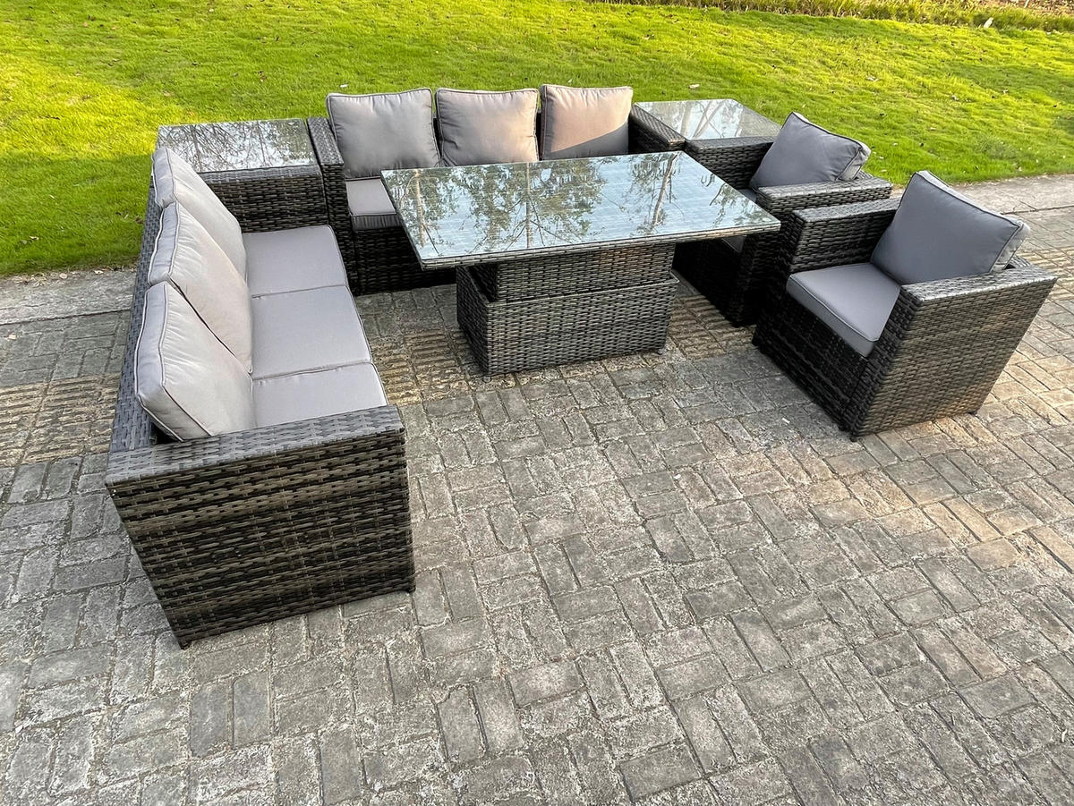 GARTENSOFA SET Polyrattan Dunkelgrau 8-Sitzer - Dunkelgrau/Grau, Metall - Fimous