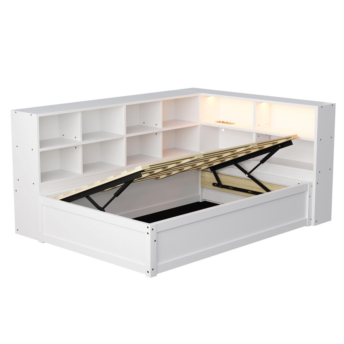 BETT mit hydraulischem Bett und Staufächern Weiß 90/200 cm - Weiß, Holz (90/200cm) - OKWISH