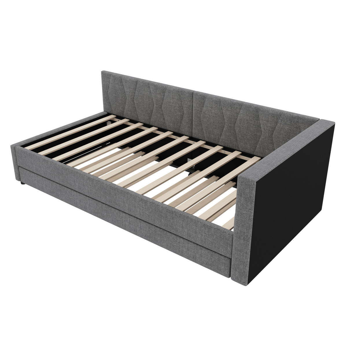 TAGESBETT 90/200 cm mit Ausziehbett, LED-Beleuchtung, USB-C und Ablagefächern, aus Leinen, Grau - Grau, Textil (90/200cm) - Redom