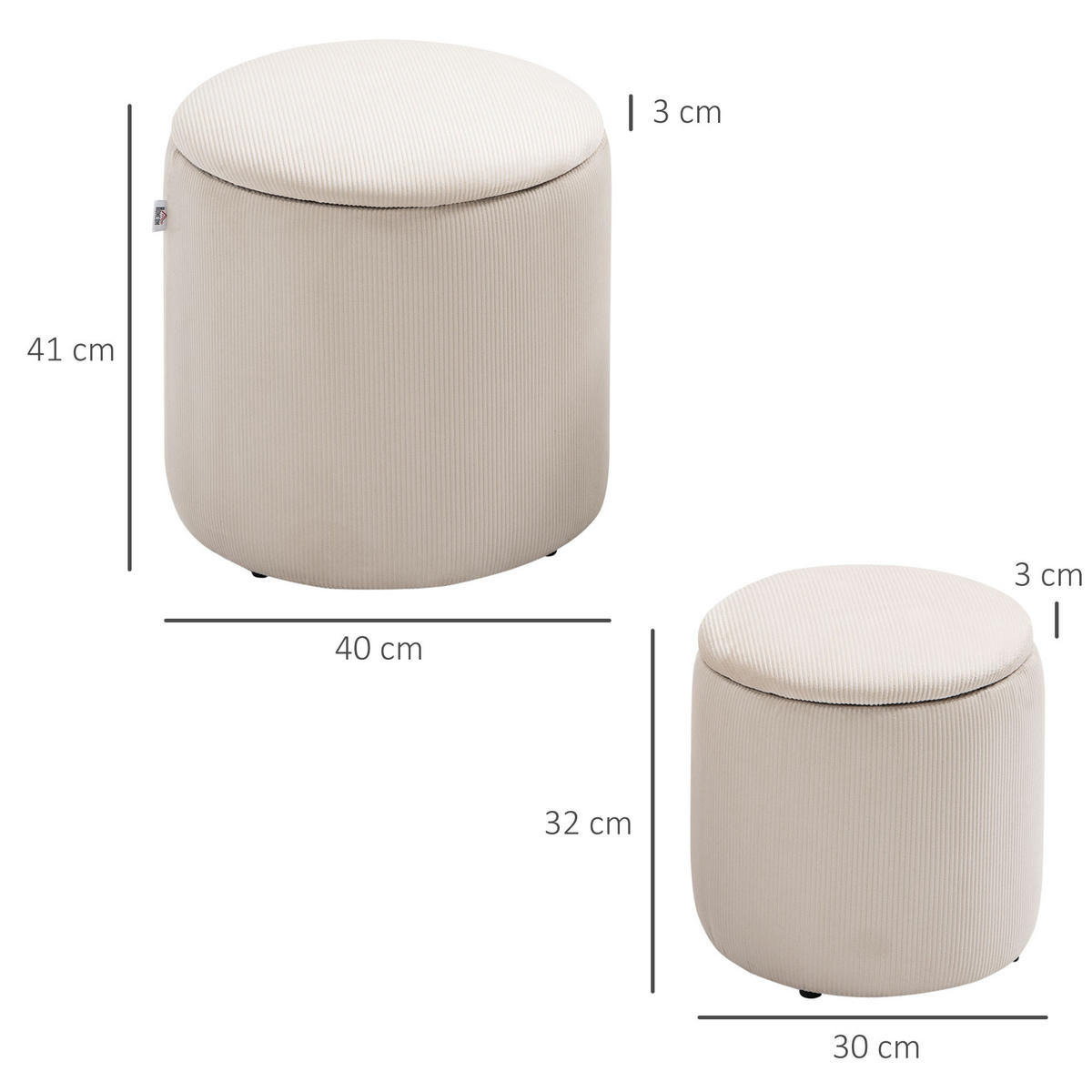 SITZHOCKER 2er-Set mit Stauraum Cremeweiß 40 x 40 x 41 cm - Weiß, Kunststoff (40/41/40cm) - HOMCOM