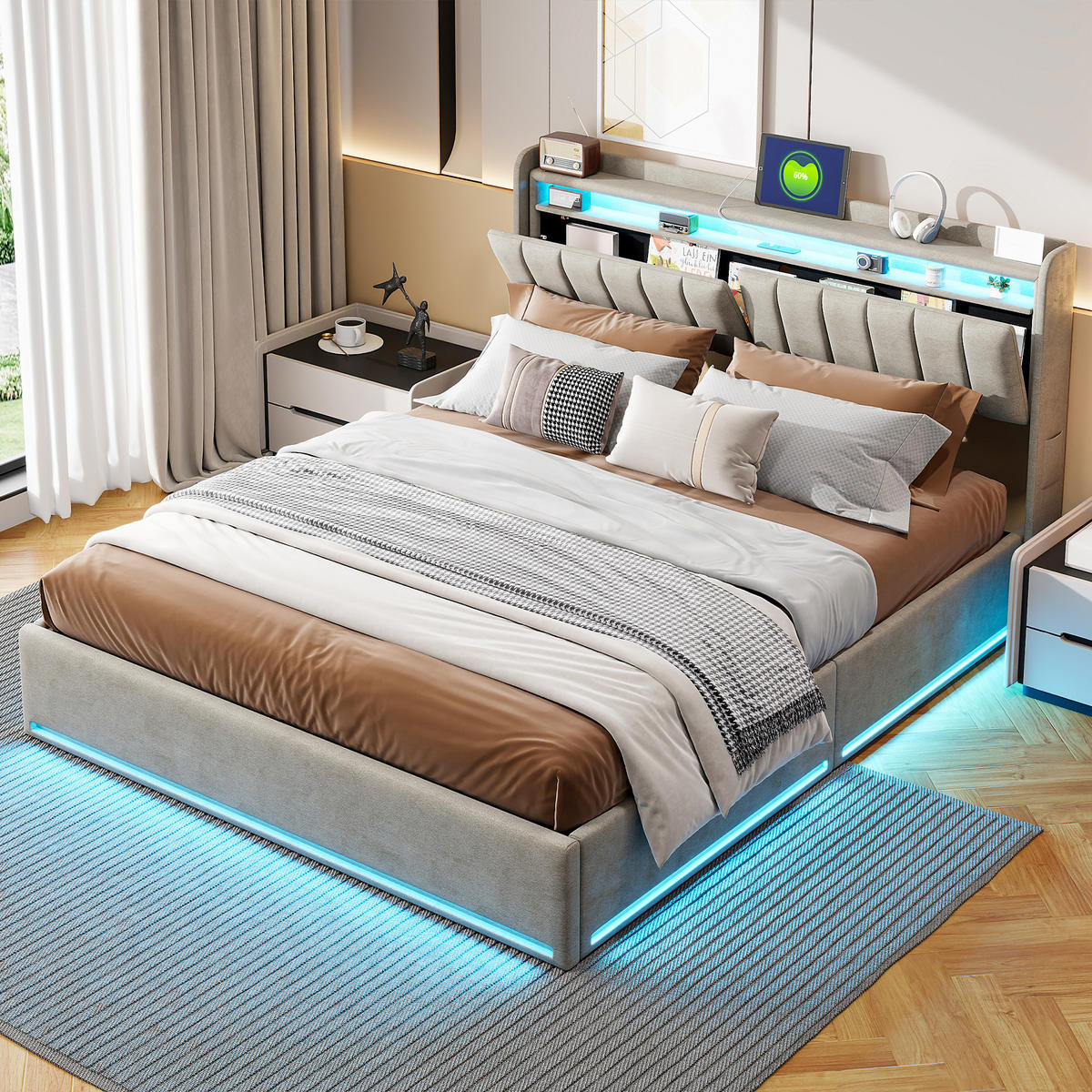 POLSTERBETT 140x200 cm Doppelbett, verstellbare LED-Leuchten, USB- & Typ-C-Schnittstellen, Samtstoff in Grau - Grau, Holz (140/200cm) - BRILVERDE