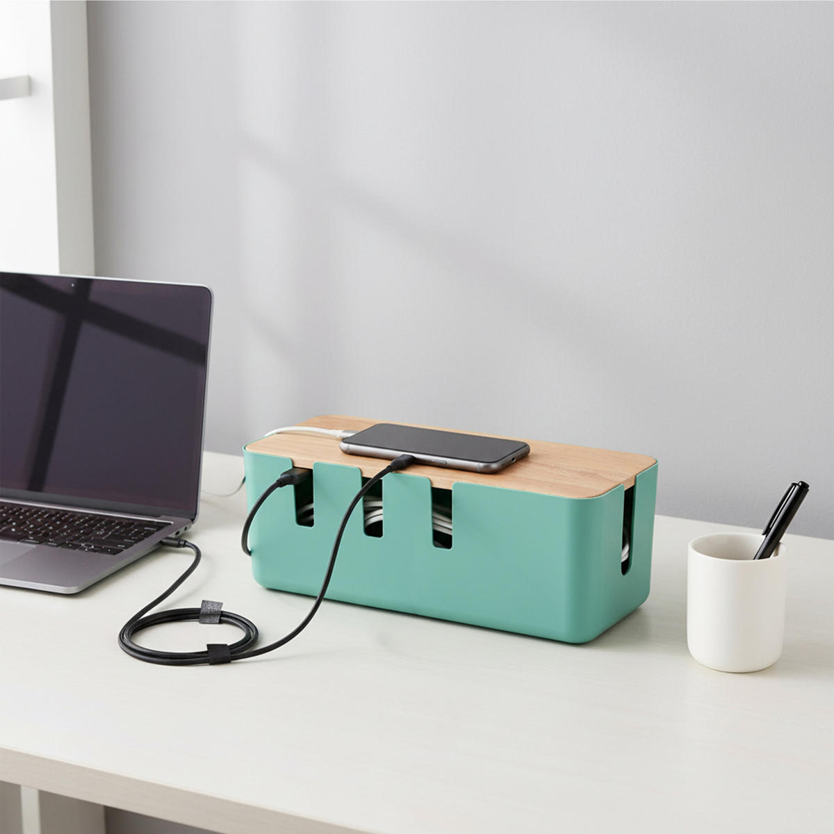 KABELBOX - Türkis, Holz/Kunststoff (12.5/30.5/11.5cm) - Relaxdays