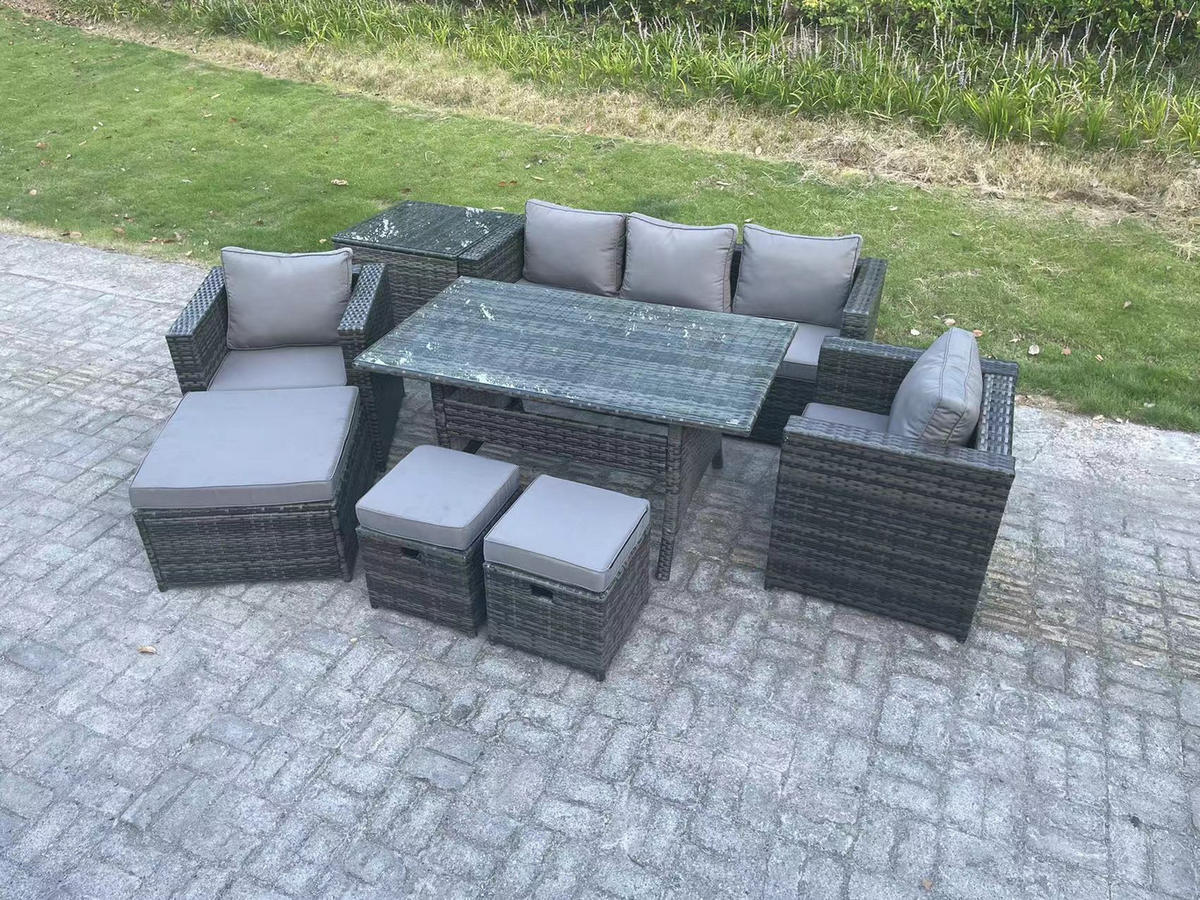 LOUNGEGARNITUR mit Stuhl,Beistelltisch Polyrattan Dunkelgrau 8-Sitzer - Dunkelgrau/Grau, Glas/Kunststoff - Fimous