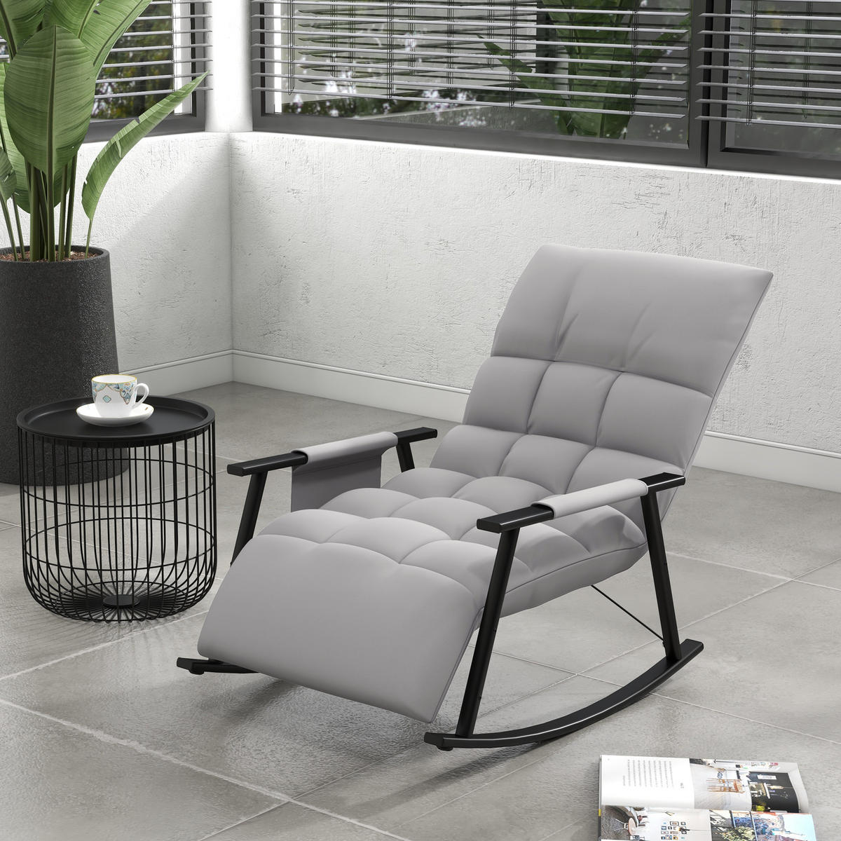 SCHAUKELSTUHL Sessel Relaxsessel mit Fußstütze, Schaukelsessel mit Seitentasche - Grau, Kunststoff (134/70/60cm) - HOMCOM