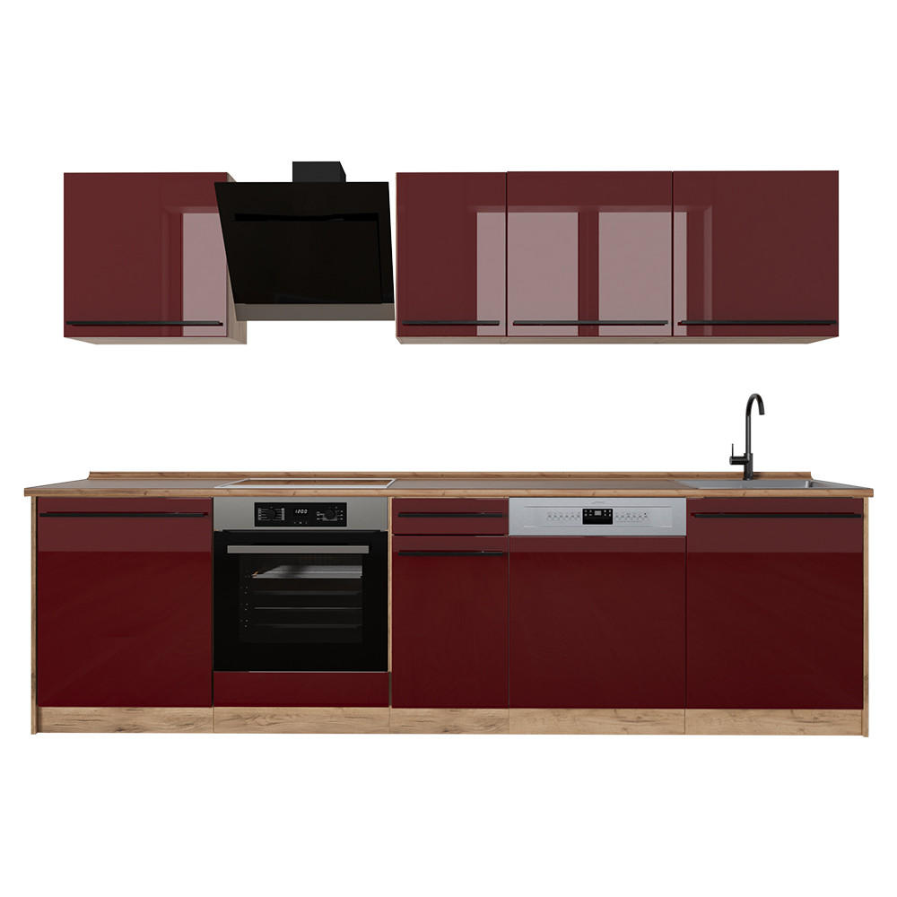 KÜCHENZEILE R-Line, Rot Hochglanz/Goldkraft Eiche, 280 cm ohne Arbeitsplatte - Honigeiche/Rot, Holzwerkstoff (280/206.8/46cm) - Vicco