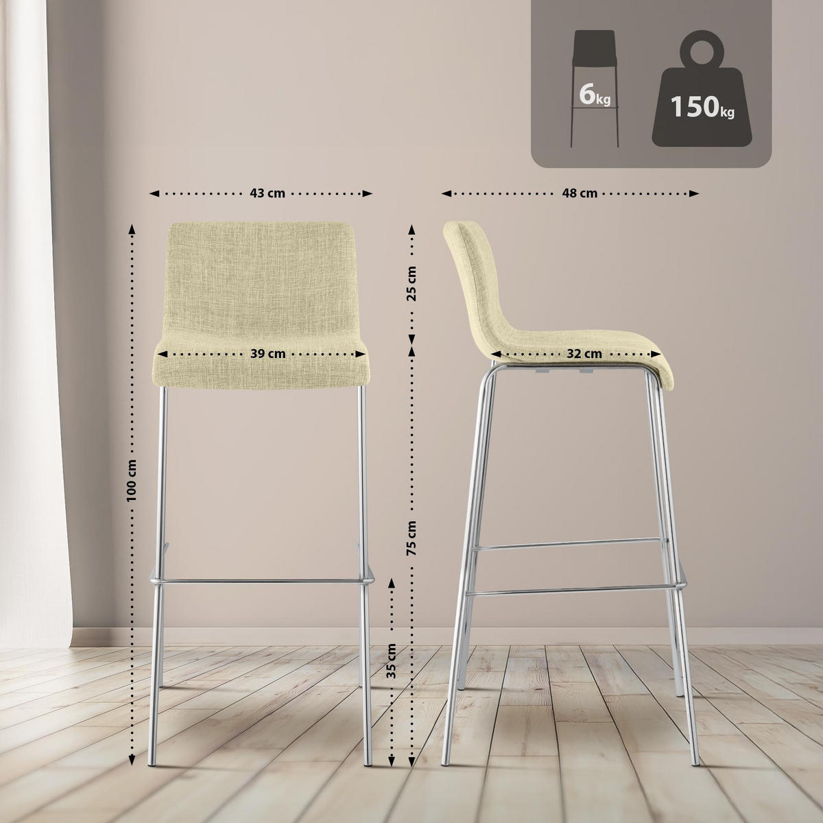BARHOCKER Hover Stoff 100x43x48 cm creme - Creme, Textil (43/100/48cm) - furnicato
