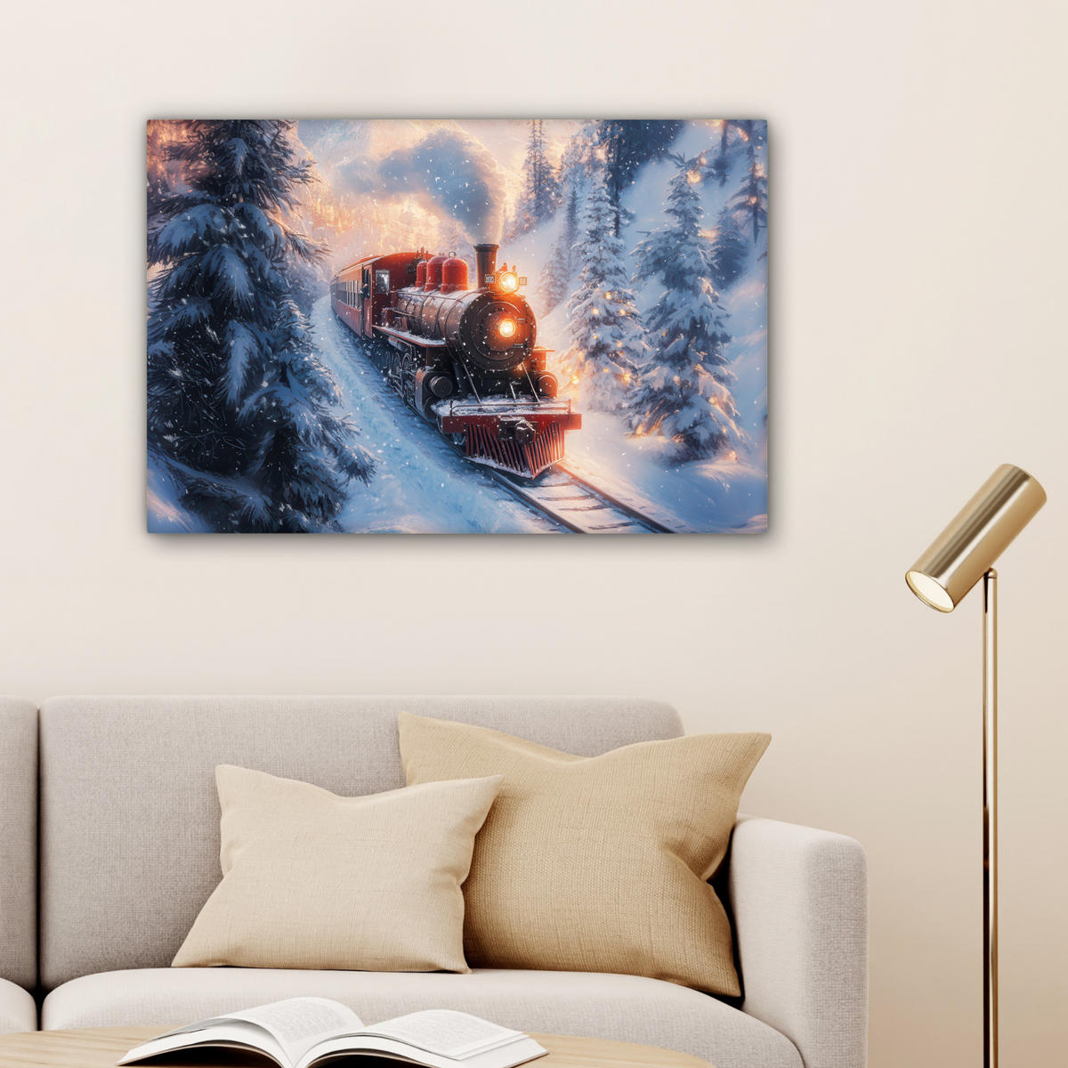 LEINWANDBILD Weihnachtszug - Schnee - Winter - Weihnachten Gemälde 60x40 cm - Dunkelrot, Textil (60/40cm) - MuchoWow