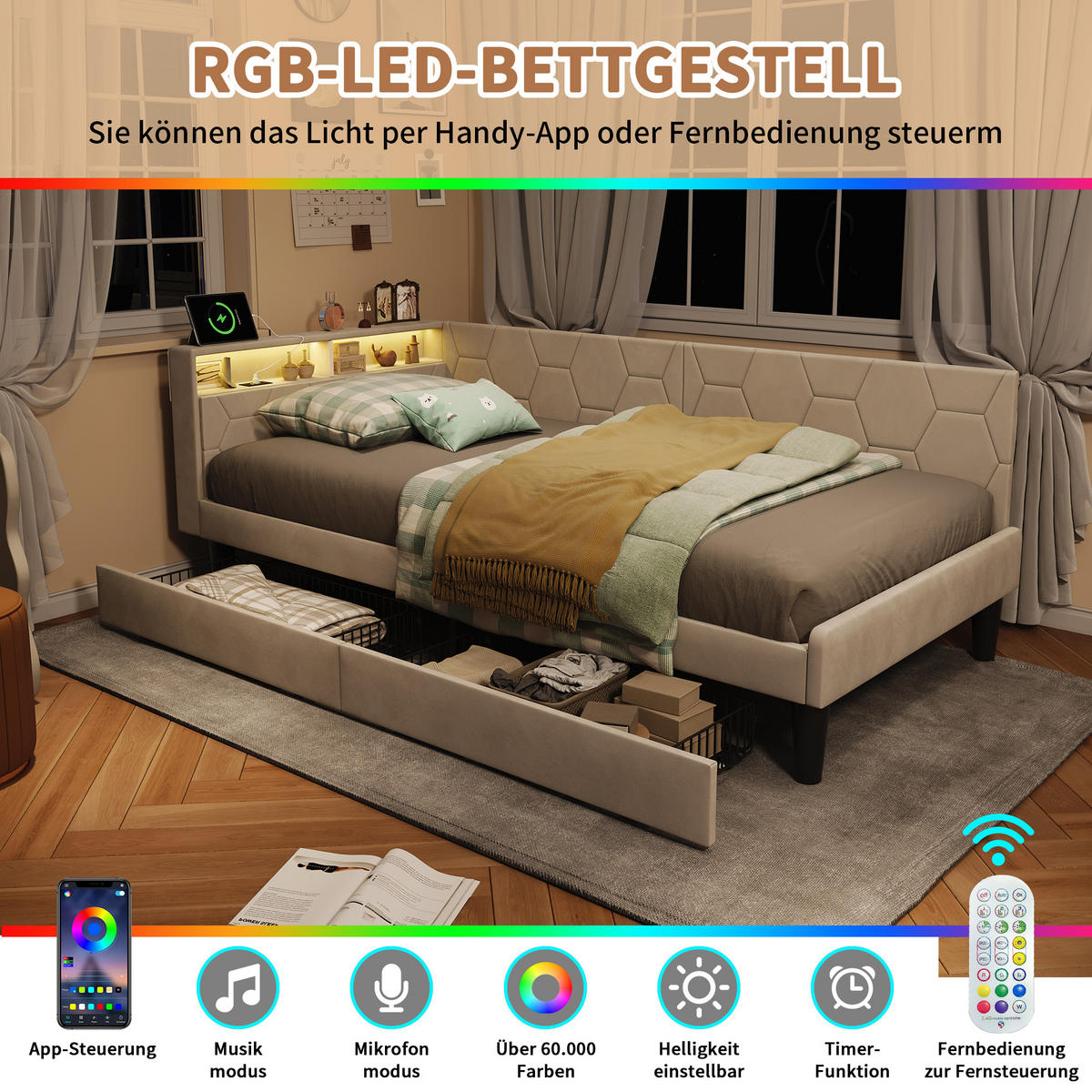 POLSTERBETT 90x200 cm, Schubladen, Velours, Beige - Beige, Metall - SHOPENTRA