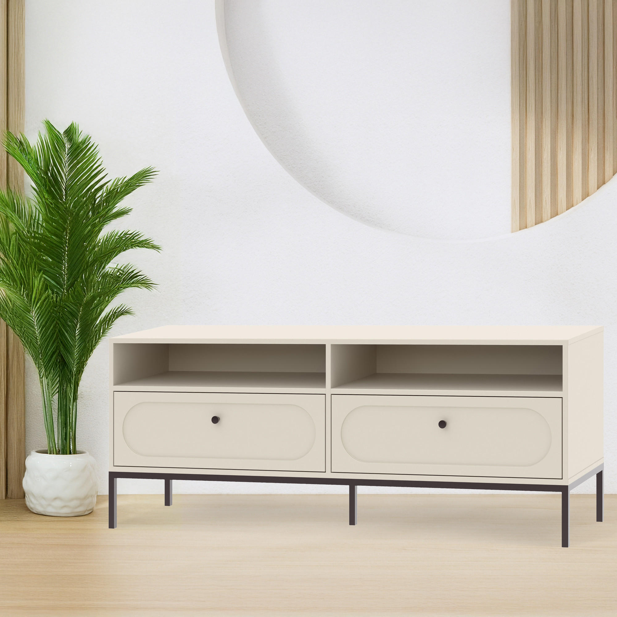 Thumbnail - Konsimo® Tv-Lowboard, Creme, Holzwerkstoff, 2 Fächer, 2 Schubladen, 150x60x40 cm, Wohnzimmer, Wohnwände, Lowboards, Lowb...