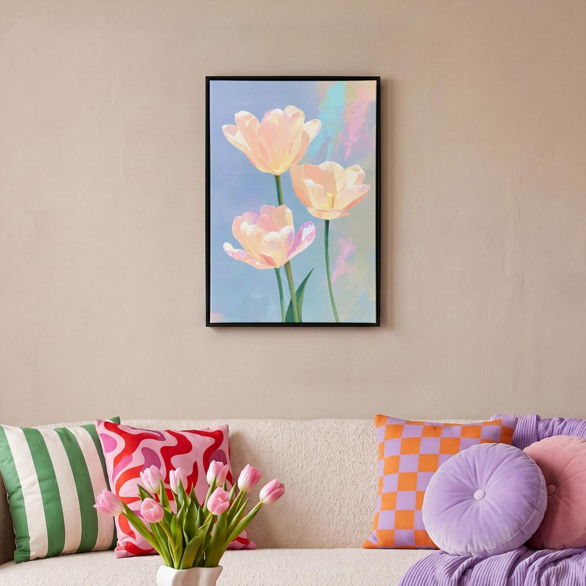LEINWAND Bilder mit Rahmen - Tulpen - Rosa Akzente - Blau - 40x60 - Pastellblau, Textil (40/60cm) - MuchoWow