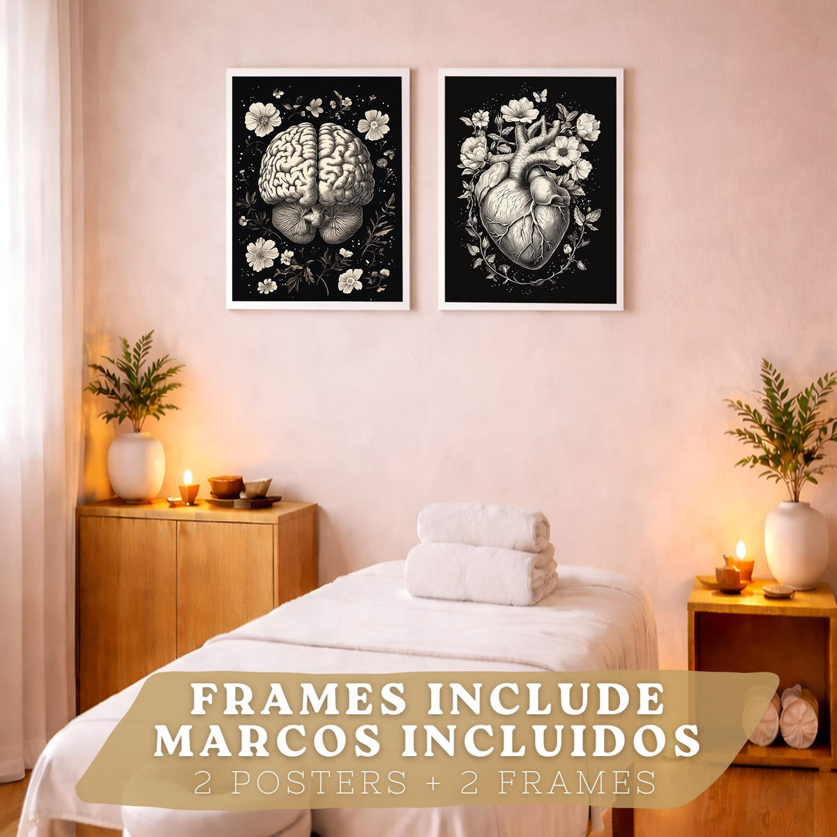 POSTER Set aus 2 Anatomie Mensch Drucke und Wandbilder mit Gehirn und Herz Monochromes Florales Design Schwarzer Hintergrund Größe Weißer Rahmen A3 - Weiß, Papier (29.7/42/3cm) - Nacnic