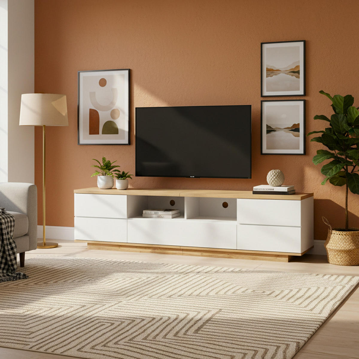 TV-SCHRANK 180 cm in Weiß & Holz-Optik Modernes Color-Block-Design - Weiß, Holzwerkstoff (180/46/38cm) - Urban Meuble