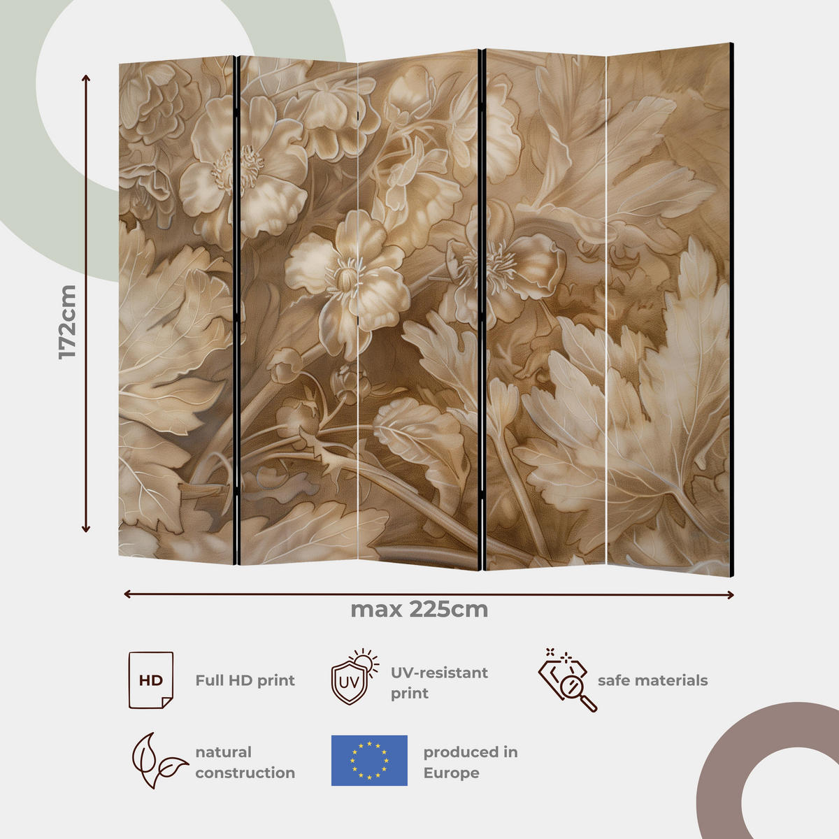 PARAVENT 5-tlg 225x172 cm Pusteblumen Boho - Grau, Holz/Textil (225/172/3cm) - Muralo