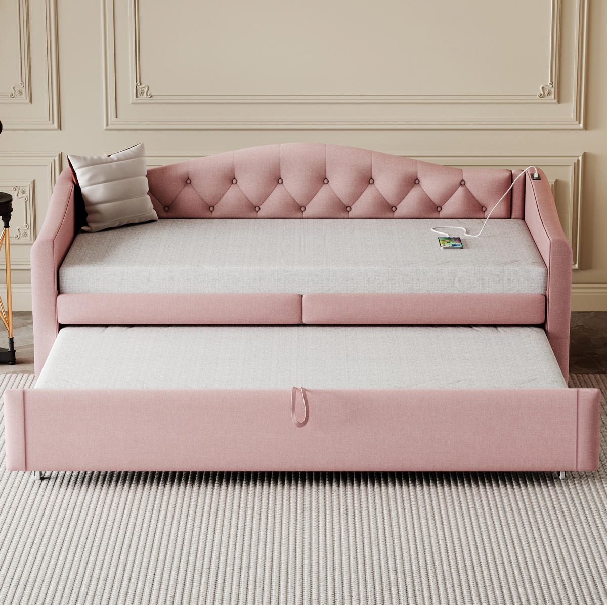 ČALÚNENÁ posteľ 90/200 cm s USB nabíjaním, rozkladacím spaním a lamelovým roštom, Ružová - pink, textil (90/200cm) - Redom