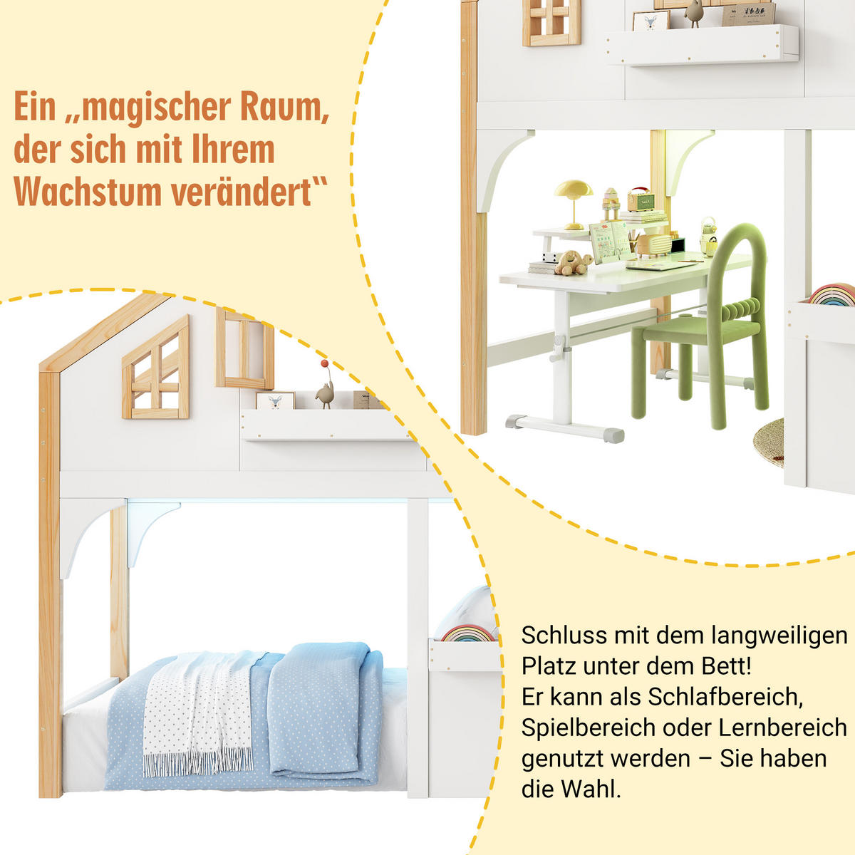 ETAGENBETT 90/200 cm in Weiß & Natur mit Stauraumtreppe und LED - Weiß, Holz/Holzwerkstoff (90/200cm) - WISHDOR