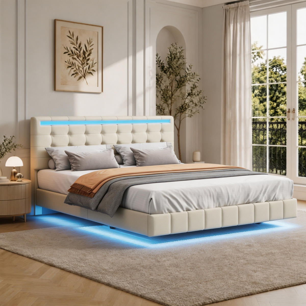 BETT 160x200 cm mit LED und USB, Doppelbett 160x200 cm mit Lattenrost, schwebendes Design, Leinenbezug Beige - Beige, Holz/Textil (160/200cm) - GENKI LIVING