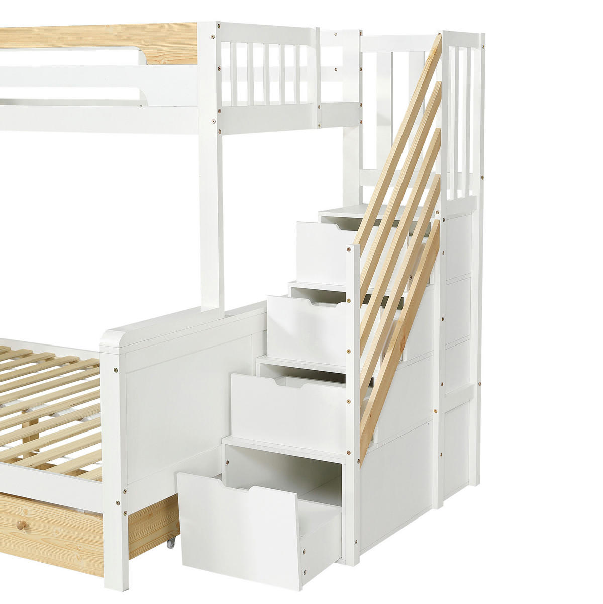ETAGENBETT aus Massivholz 90x200/140x200 cm Weiß Natur mit Stauraumtreppe, Leiter und 3 Bettkästen - Weiß, Holz (90/200cm) - Modfu
