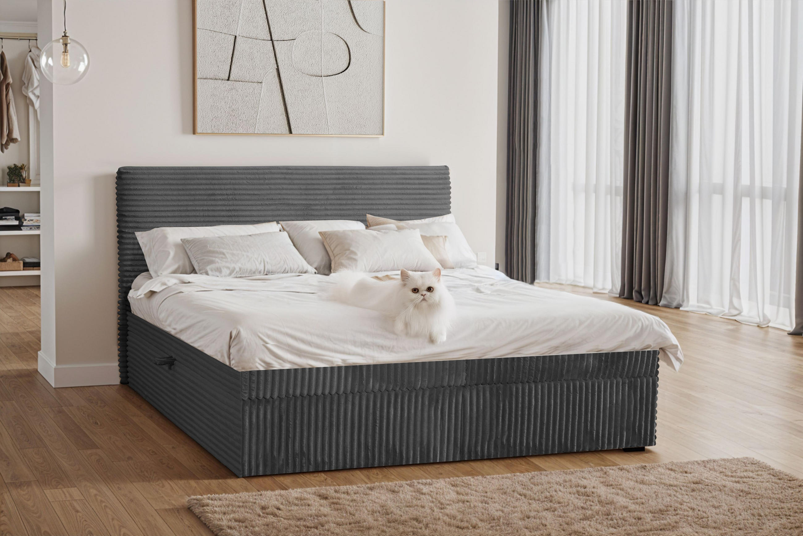 BOXBETT Bettkasten Und Topper TRENTO Ohne Bein Stoff Plüsch Cord 120x200 cm Graphit H3-Bonell - Graphitfarben, Holz/Textil (120/200cm) - Kaiser Möbel