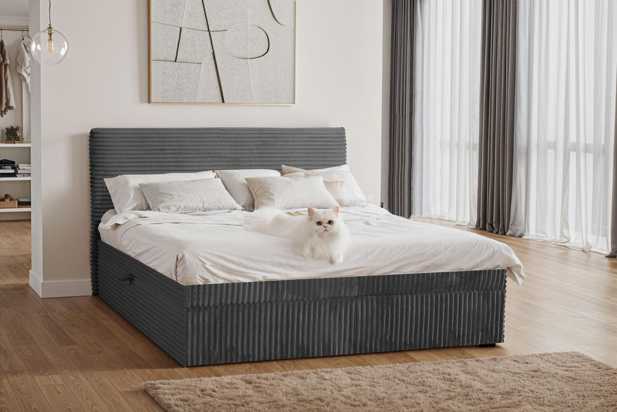 BOXBETT Bettkasten Und Topper TRENTO Ohne Bein Stoff Plüsch Cord 180x200 cm Graphit H3-Bonell - Graphitfarben, Holz/Textil (180/200cm) - Kaiser Möbel