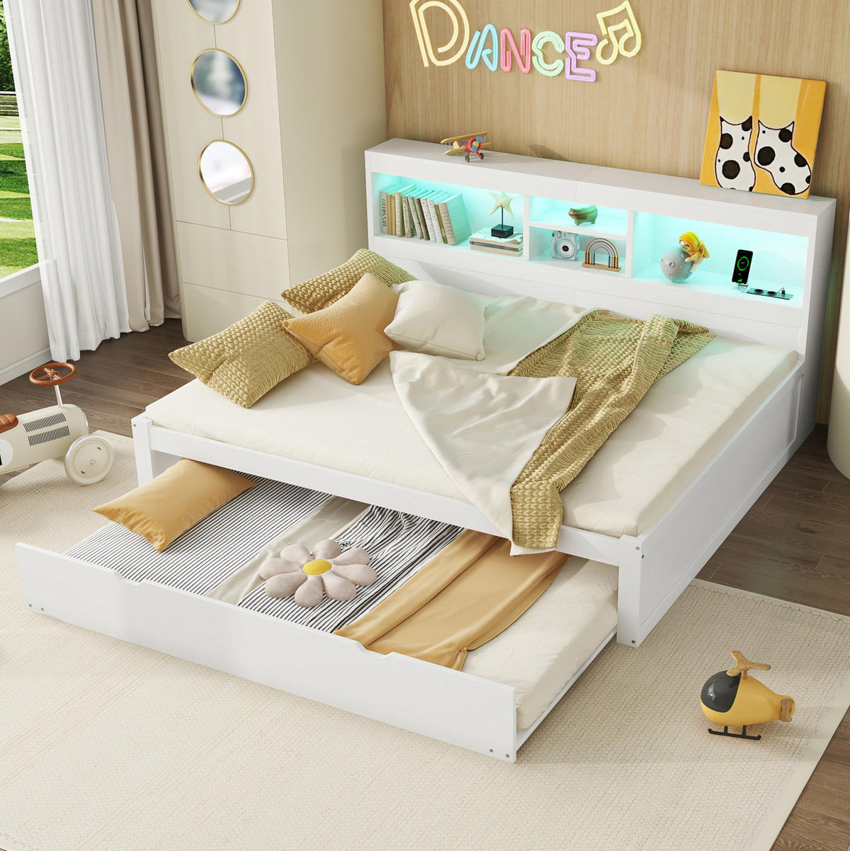 POSTEĽ 140/200 cm, biela, z drevotriesky a MDF, s LED osvetlením a výsuvným lôžkom - biela, kompozitné drevo (140/200cm) - BEAOK