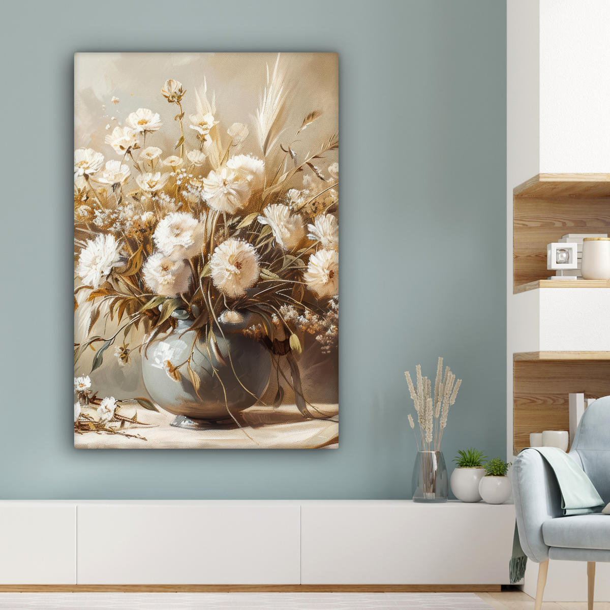 LEINWANDBILD Blumen - Vase - Stilleben - Beige 80x120 cm - Creme, Textil (80/120cm) - MuchoWow