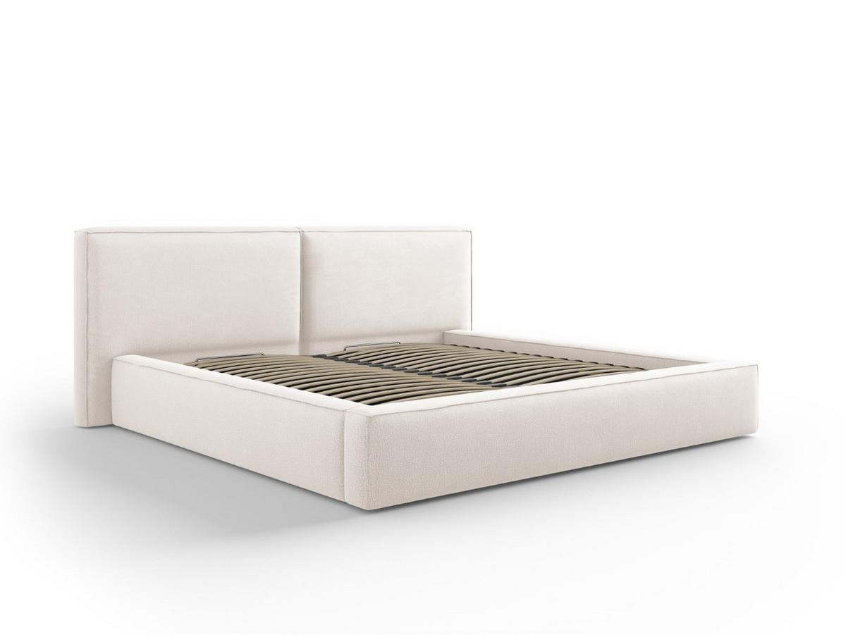BETT mit Bettkasten und Kopfteil Jodie aus strukturiertem Stoff leichtes beige 200x200cm - Beige, Textil (200/200cm) - Micadoni
